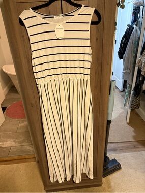 Hount Sleeveless Striped Maxi Dress - White with Black Stripes